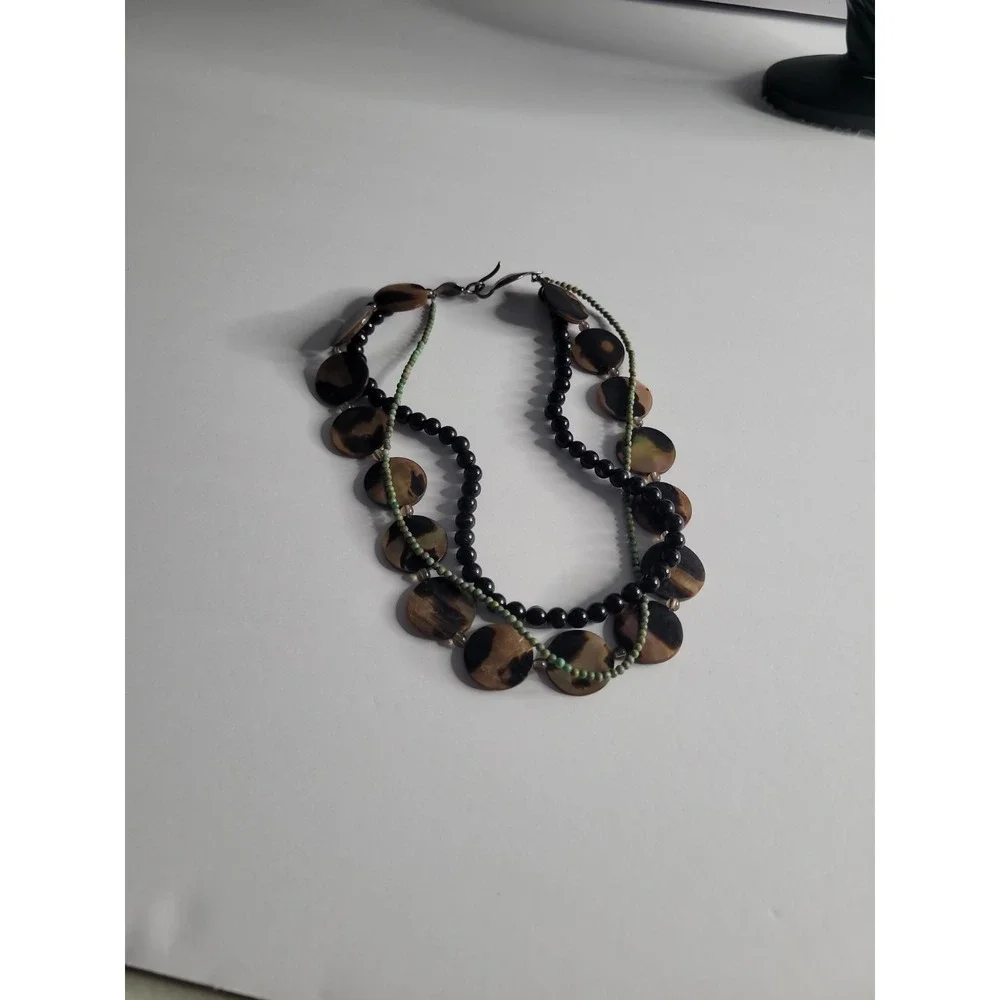Multi Strand Shell Disc Necklace 925 Sterling‎ Clasp Black Bead Boho Artisan